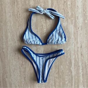 Frankie’s Bikinis X Djerf Avenue Blue and White Striped Bikini